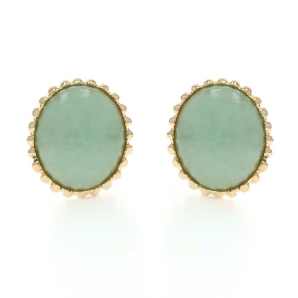Yellow Gold Jadeite Stud Earrings - 14k Oval Cabochon